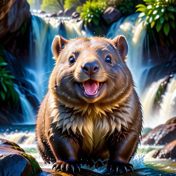 Photo of a smiling of a wombat in the waterfall