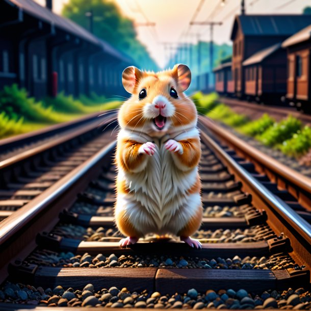 Image of a dancing of a hamster on the railway tracks