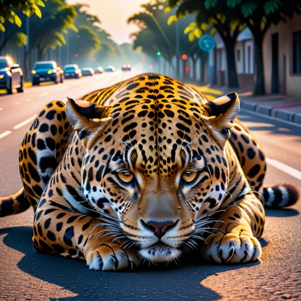 Picture of a sleeping of a jaguar on the road