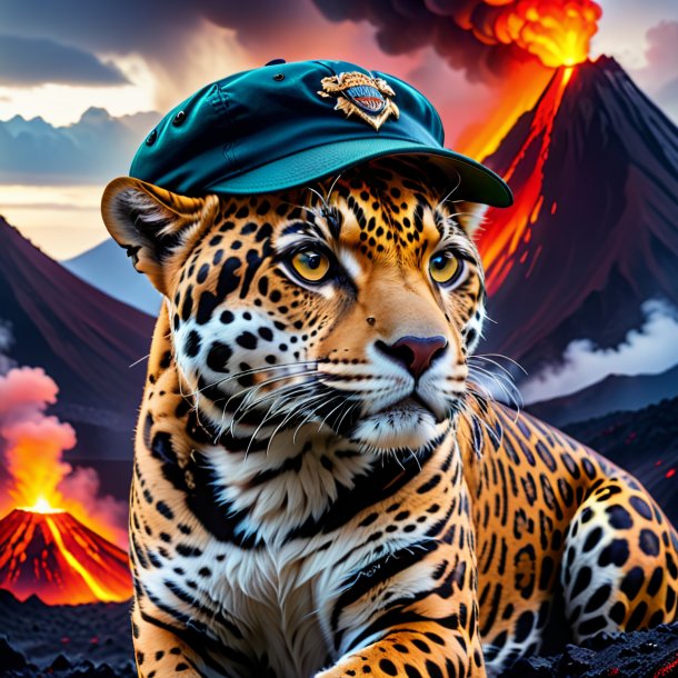 Picture of a jaguar in a cap in the volcano