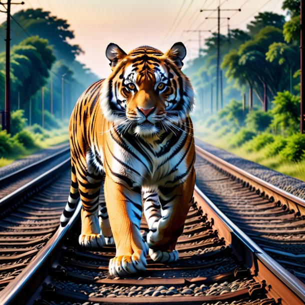 Foto de un tigre en un jeans en las vías del tren