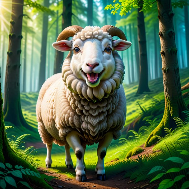 Picture of a smiling of a sheep in the forest