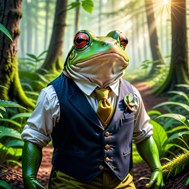 Photo of a frog in a vest in the forest