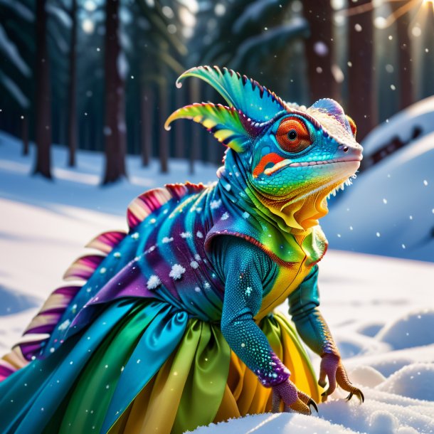 Pic of a chameleon in a dress in the snow