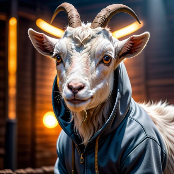 Photo of a goat in a gray hoodie