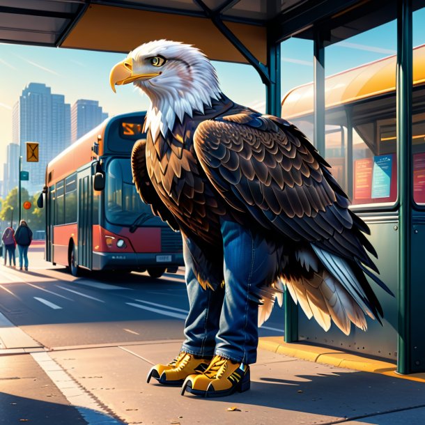 Illustration of a eagle in a jeans on the bus stop