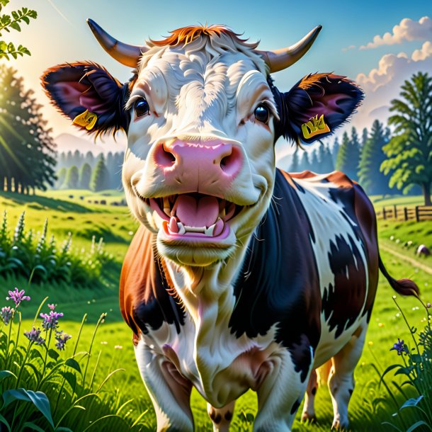 Photo of a smiling of a cow in the meadow