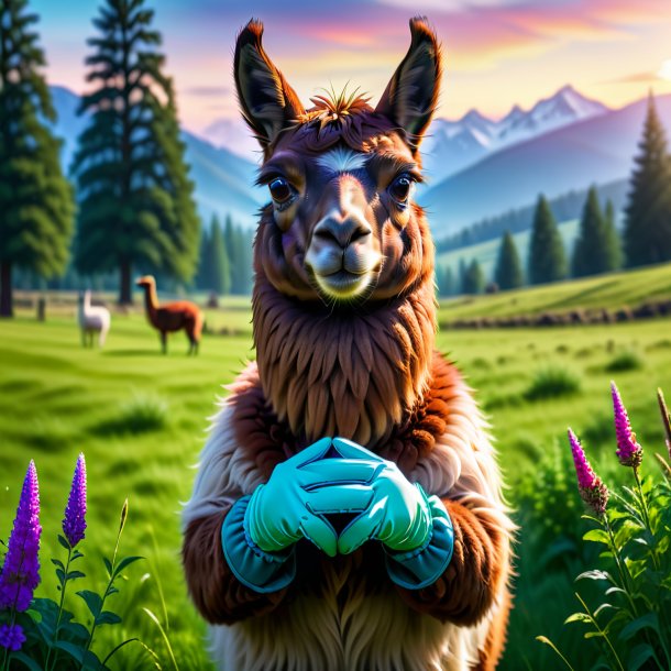 Photo of a llama in a gloves in the meadow