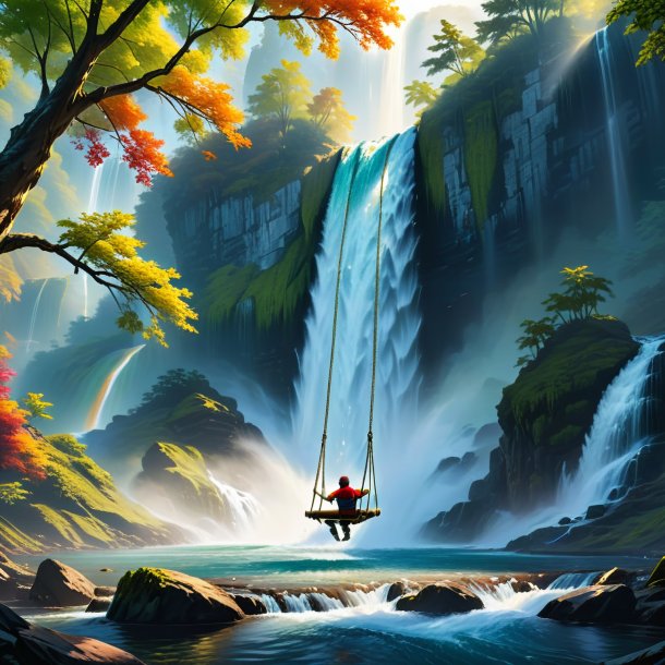 Photo of a swinging on a swing of a hawk in the waterfall