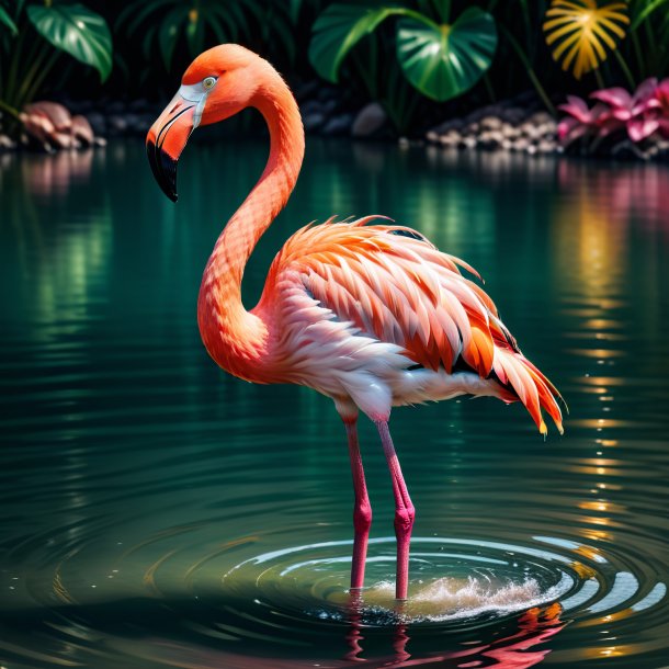 Imagen de un flamenco en un abrigo en el agua