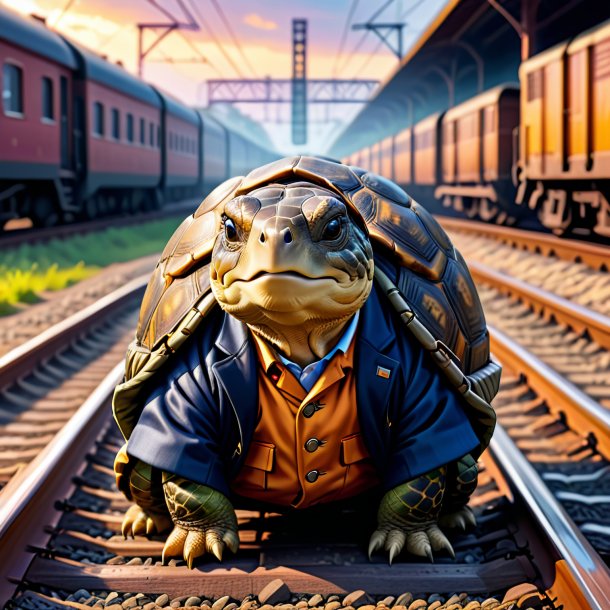 Picture of a tortoise in a jacket on the railway tracks