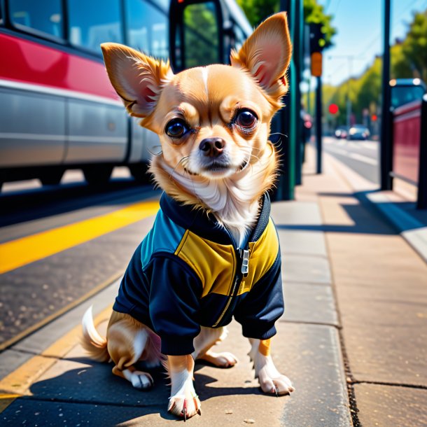 Image of a chihuahua in a trousers on the bus stop