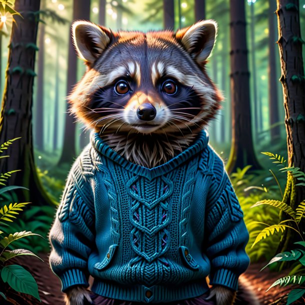 Image of a raccoon in a sweater in the forest