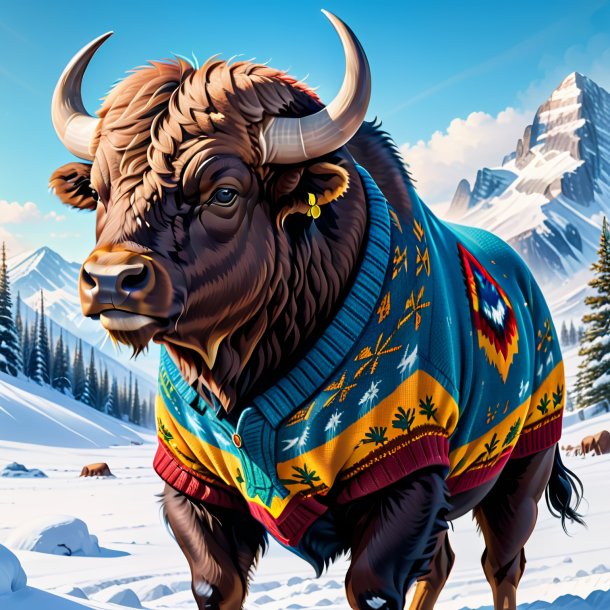 Illustration of a buffalo in a sweater in the snow