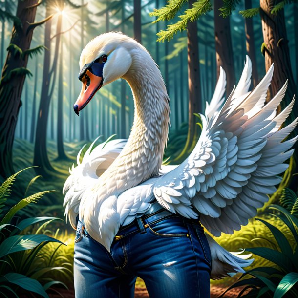 Illustration of a swan in a jeans in the forest