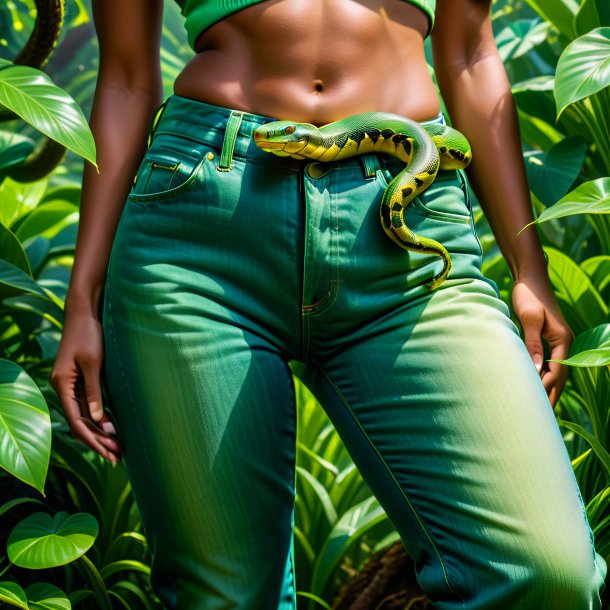 Foto de una serpiente en un jeans verde