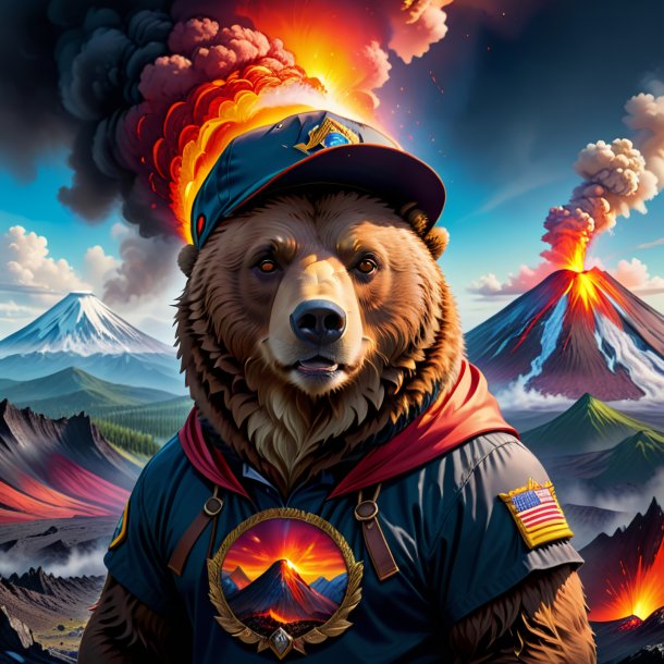 Drawing of a bear in a cap in the volcano