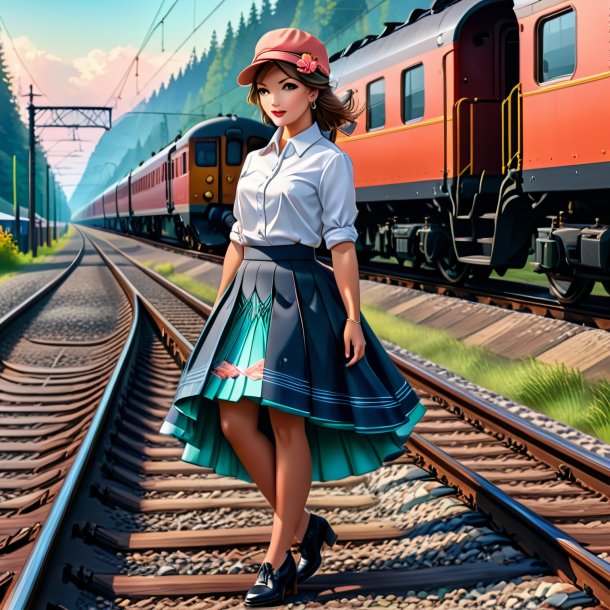 Illustration of a salmon in a skirt on the railway tracks