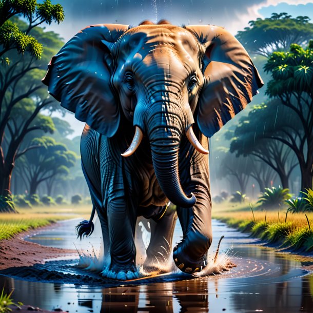 Picture of a angry of a elephant in the puddle