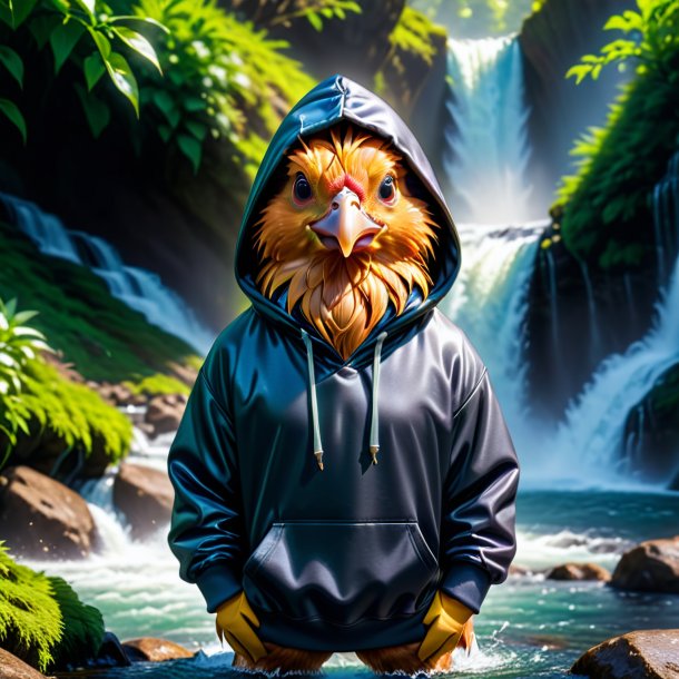 Imagem de uma galinha em um hoodie na cachoeira