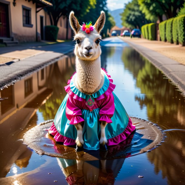 Picture of a llama in a dress in the puddle