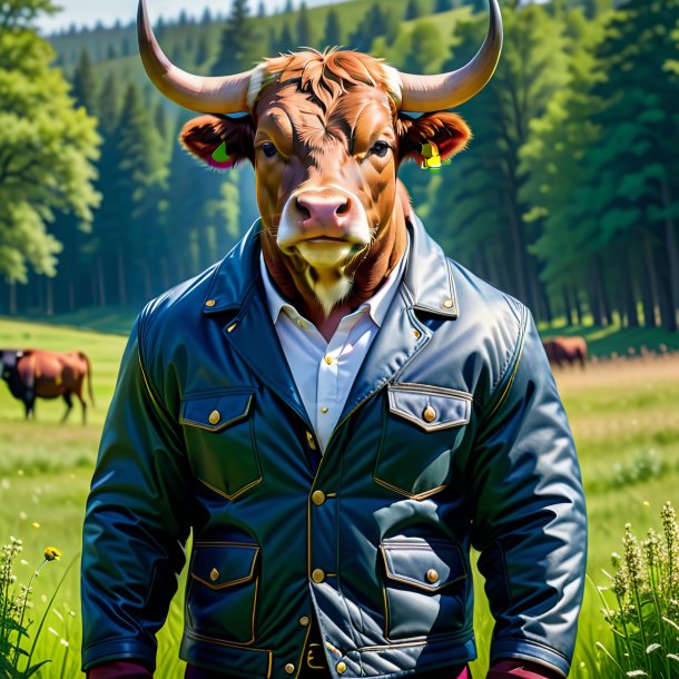 Pic of a bull in a jacket in the meadow