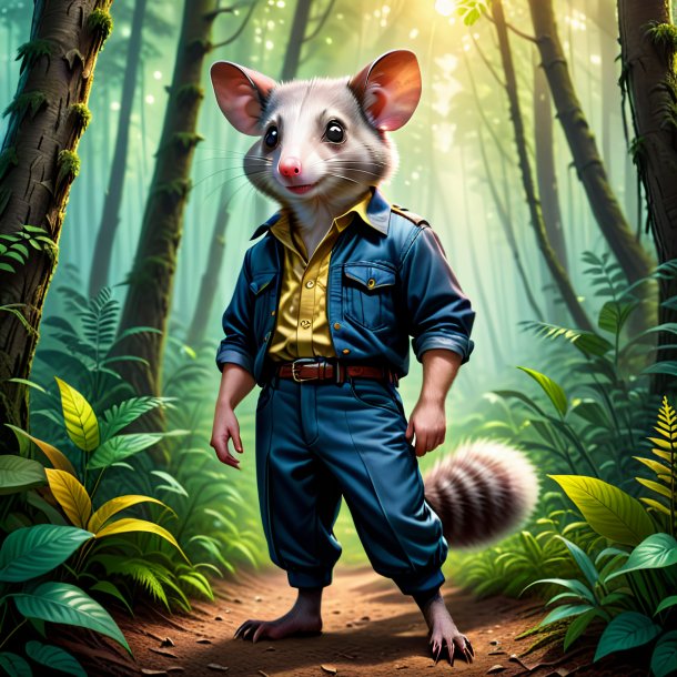 Illustration of a possum in a trousers in the forest