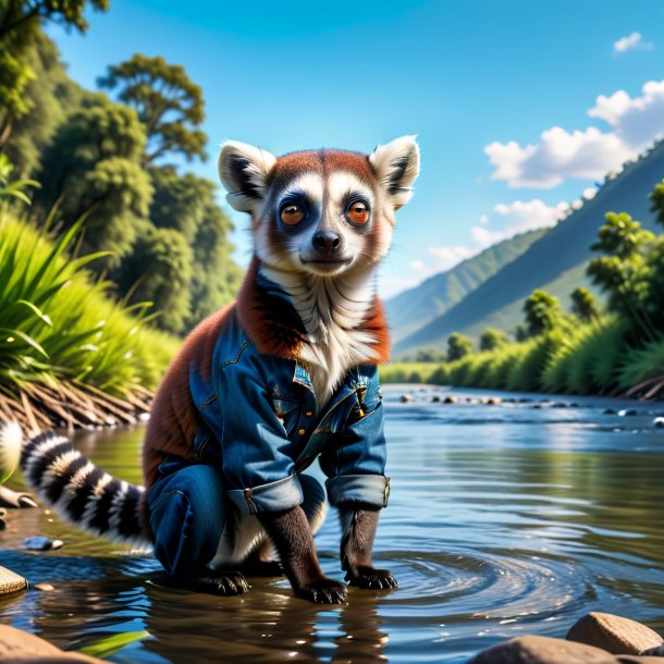 Photo of a lemur in a jeans in the river