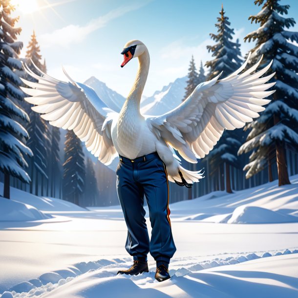 Illustration of a swan in a trousers in the snow