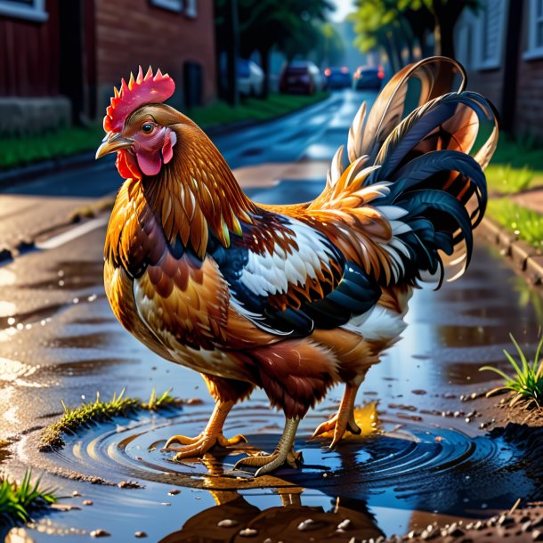 Drawing of a hen in a belt in the puddle