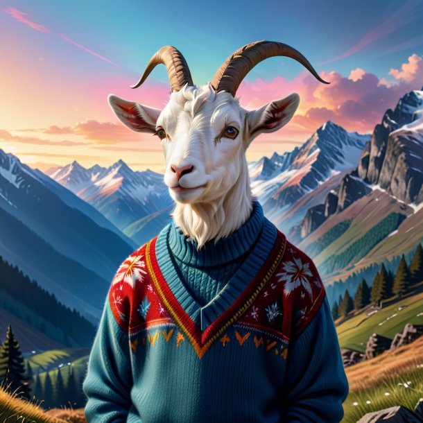 Drawing of a goat in a sweater in the mountains