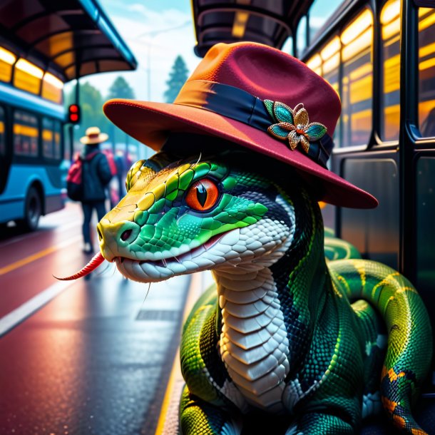 Foto de una serpiente en un sombrero en la parada de autobús