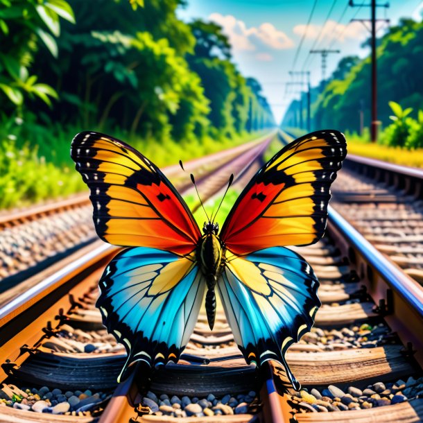 Imagen de una sonrisa de una mariposa en las vías del ferrocarril