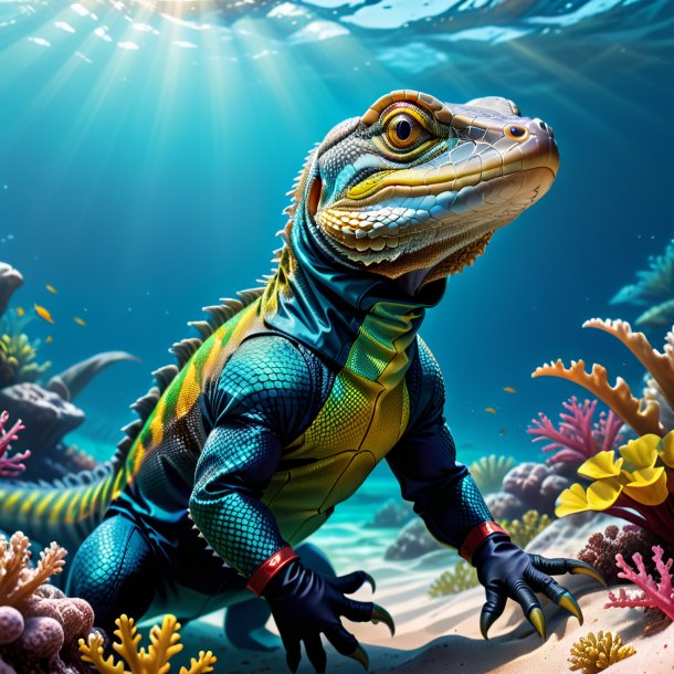 Illustration of a monitor lizard in a gloves in the sea