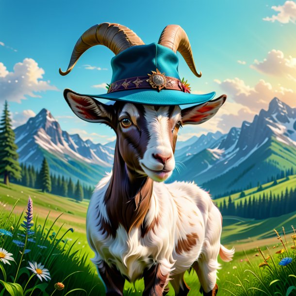 Drawing of a goat in a hat in the meadow