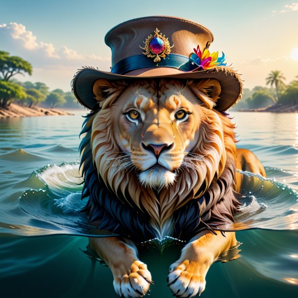 Foto de un león en un sombrero en el agua