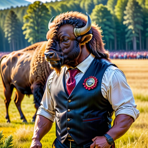 Pic of a bison in a vest on the field