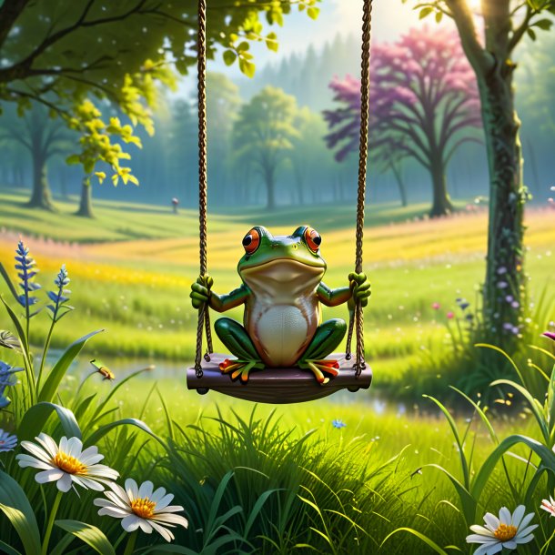 Image of a swinging on a swing of a frog in the meadow