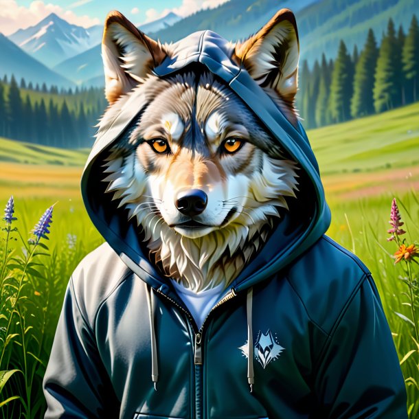 Picture of a wolf in a hoodie in the meadow