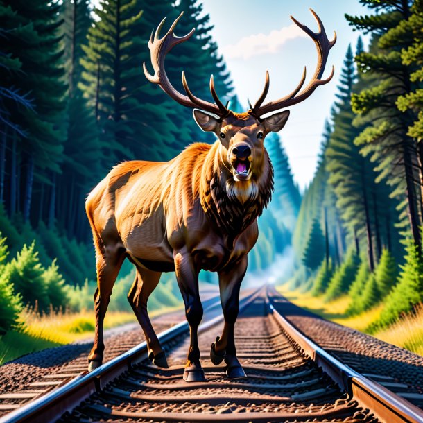 Picture of a angry of a elk on the railway tracks