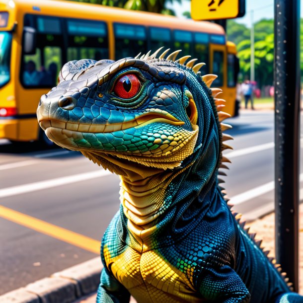 Foto de um lagarto com raiva de um monitor na parada de ônibus