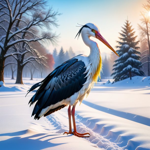 Photo of a stork in a skirt in the snow