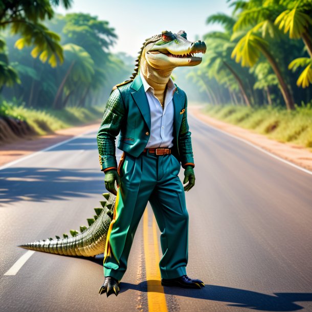 Photo of a crocodile in a trousers on the road