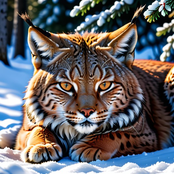 Photo d'un sommeil d'un lynx dans la neige