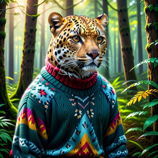 Retrato de um leopardo em um suéter na floresta