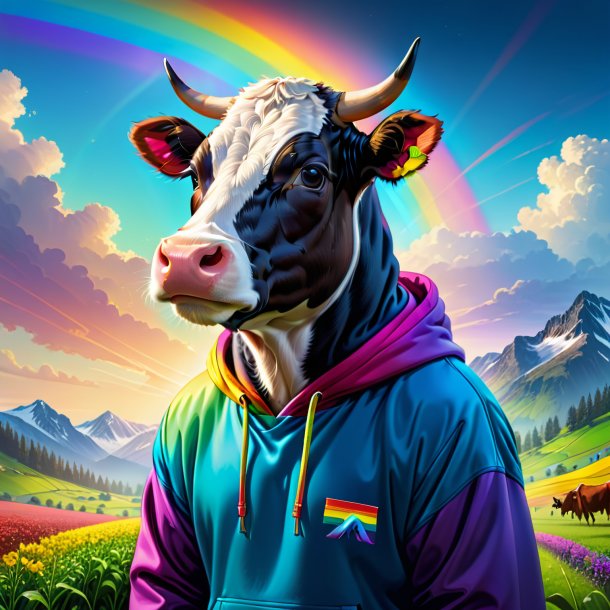 Drawing of a cow in a hoodie on the rainbow