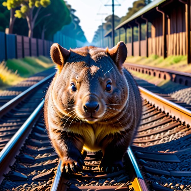 Pic of a playing of a wombat on the railway tracks