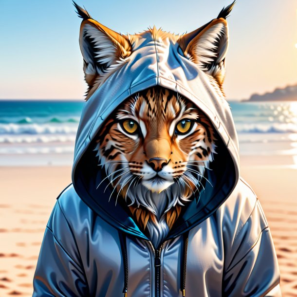 Desenho de um lince em um hoodie na praia