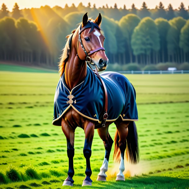 Illustration of a horse in a coat on the field