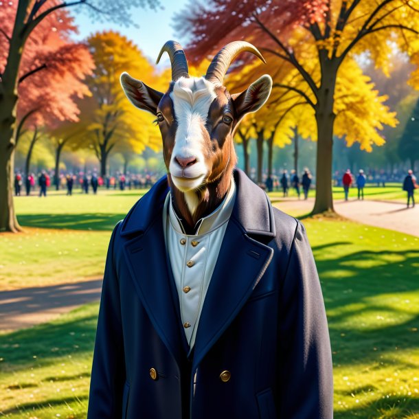 Image of a goat in a coat in the park